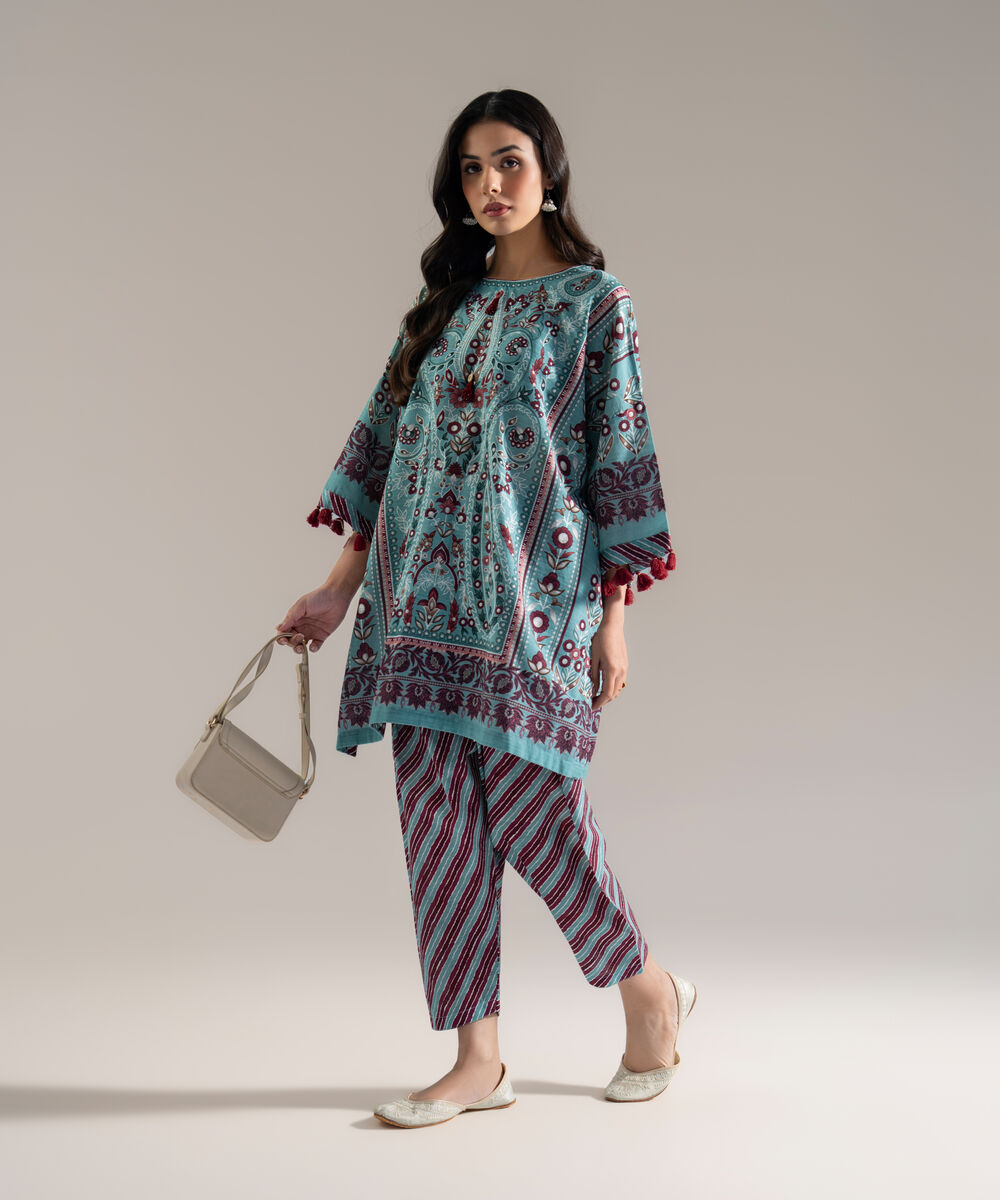 Women's RTW Khaddar Printed Blue 2 Piece Suit