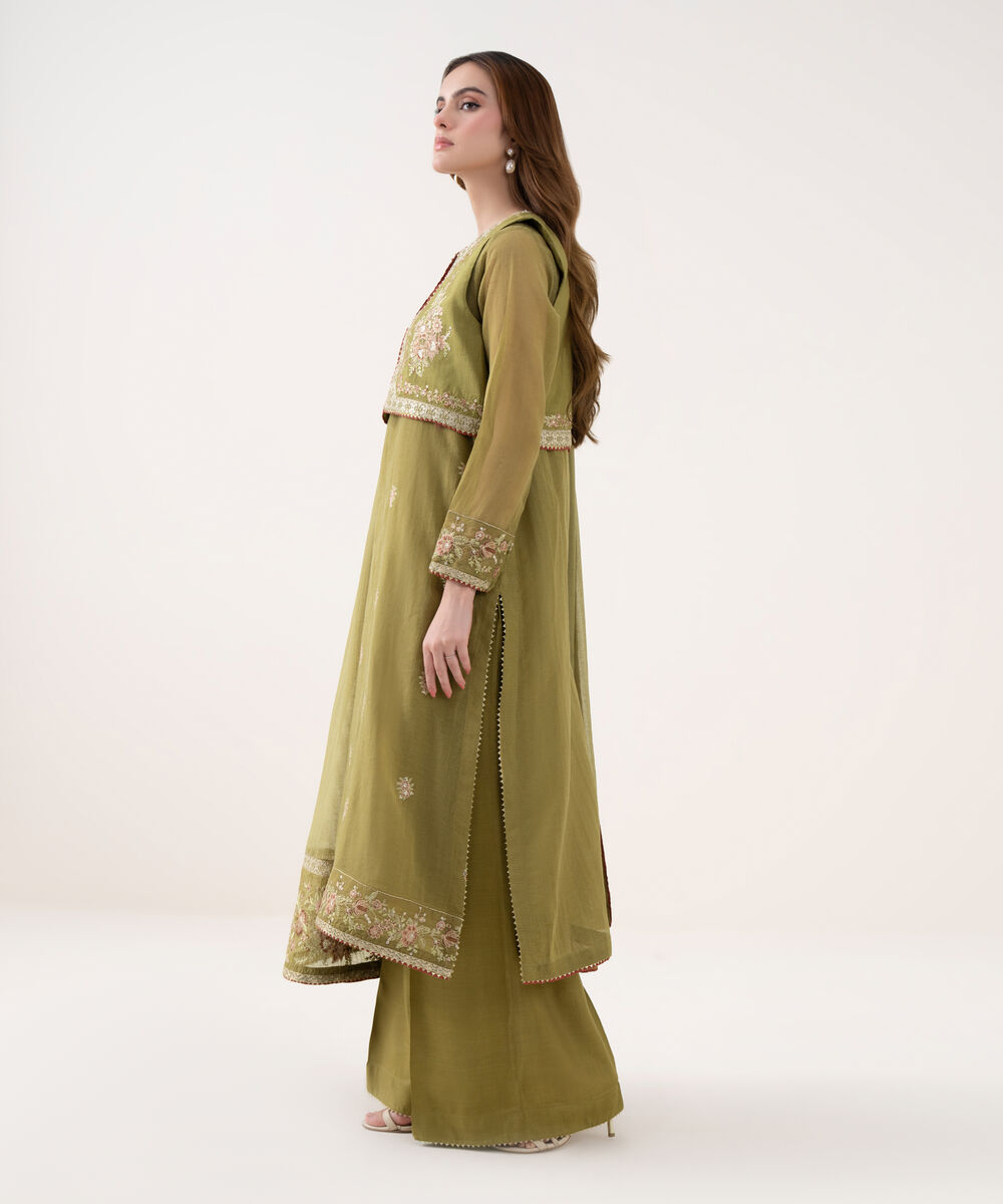 Women's RTW Blended Karandi Embroidered Olive Green 3 Piece Suit