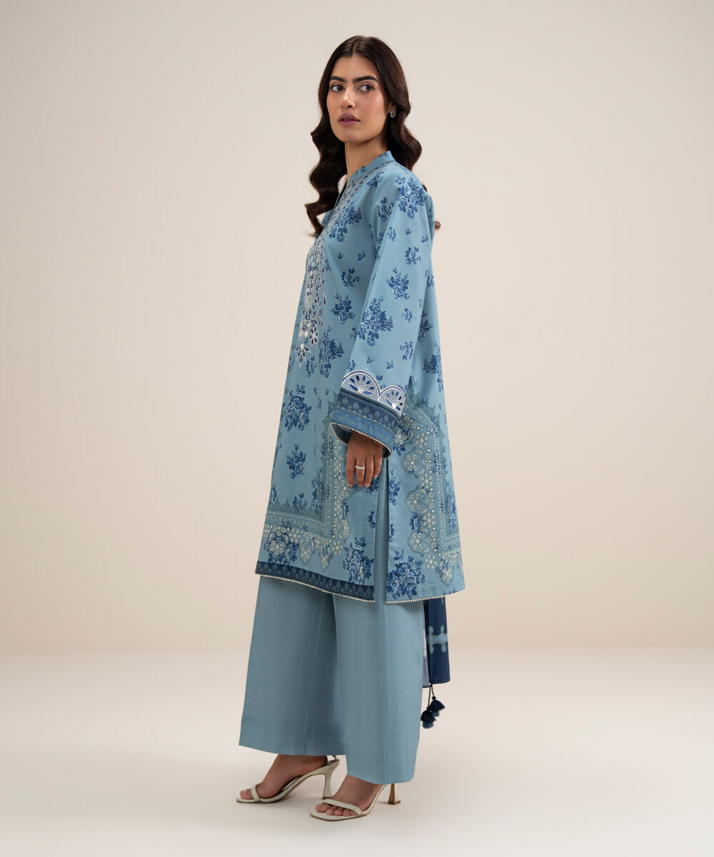Women's Unstitched Lawn Embroidered Ice Blue 3 Piece Suit