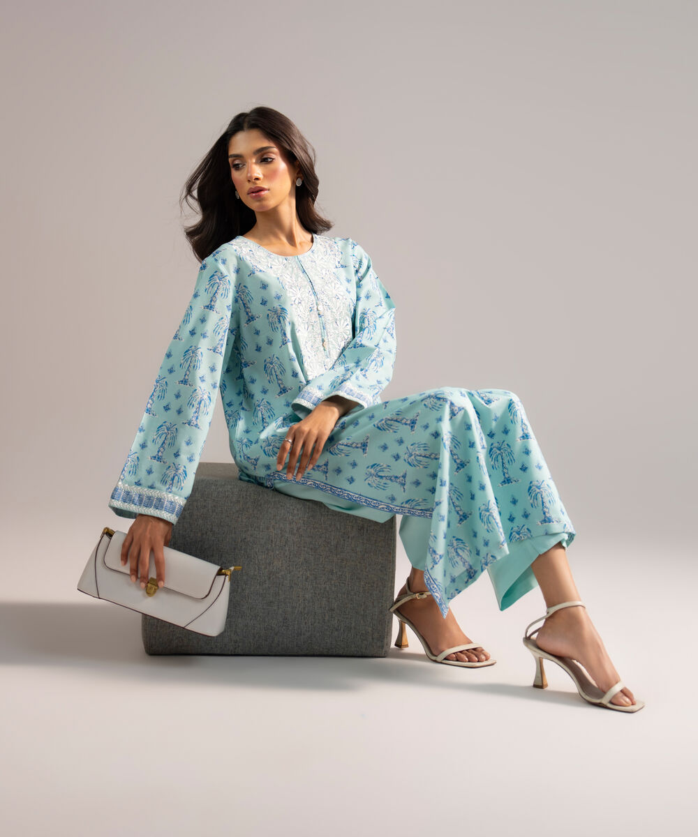 Women's RTW Cotton Viscose Embroidered Light Blue A-Line Shirt