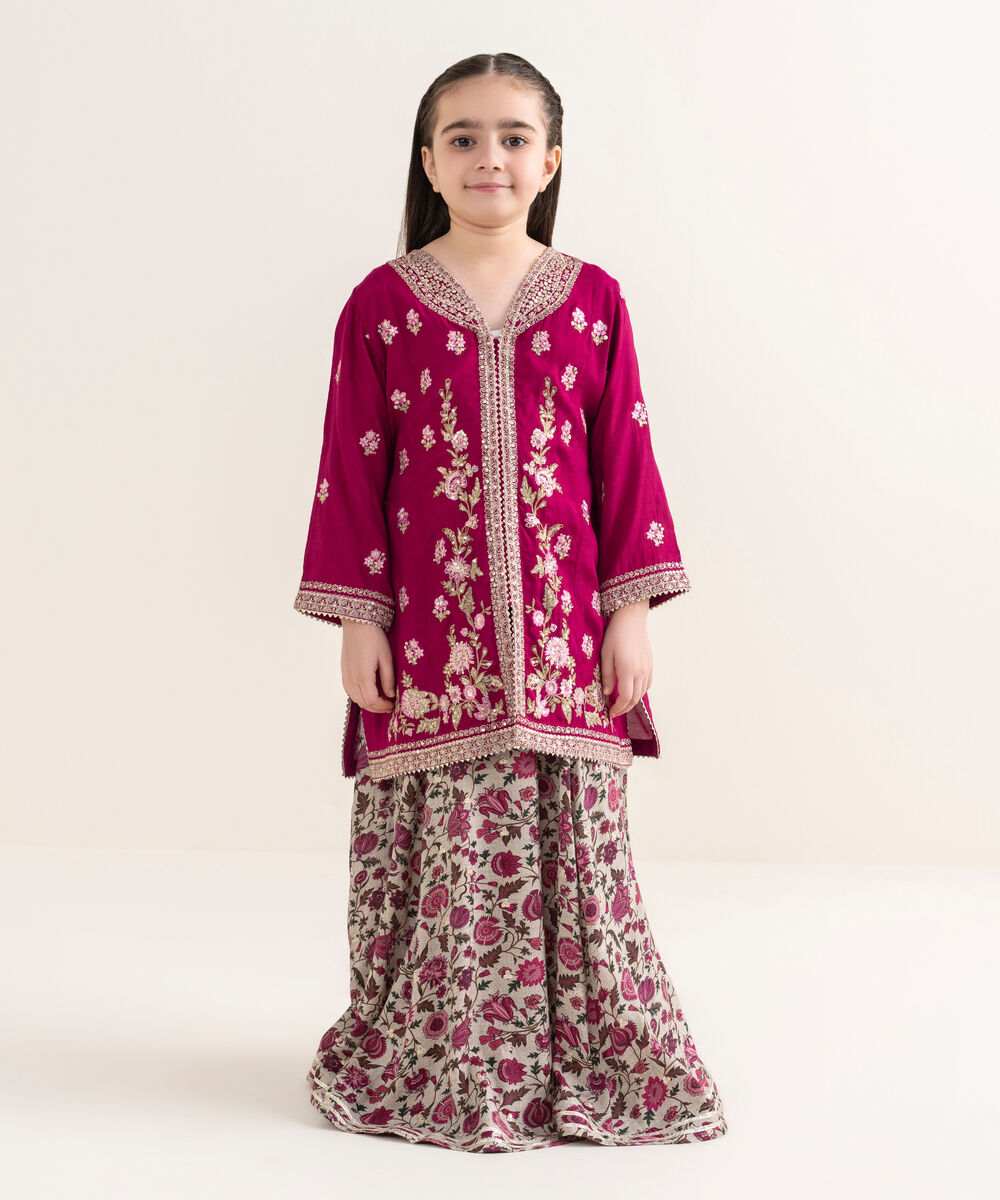 Girl's Viscose Raw Silk Pink Embroidered 2 Piece Suit
