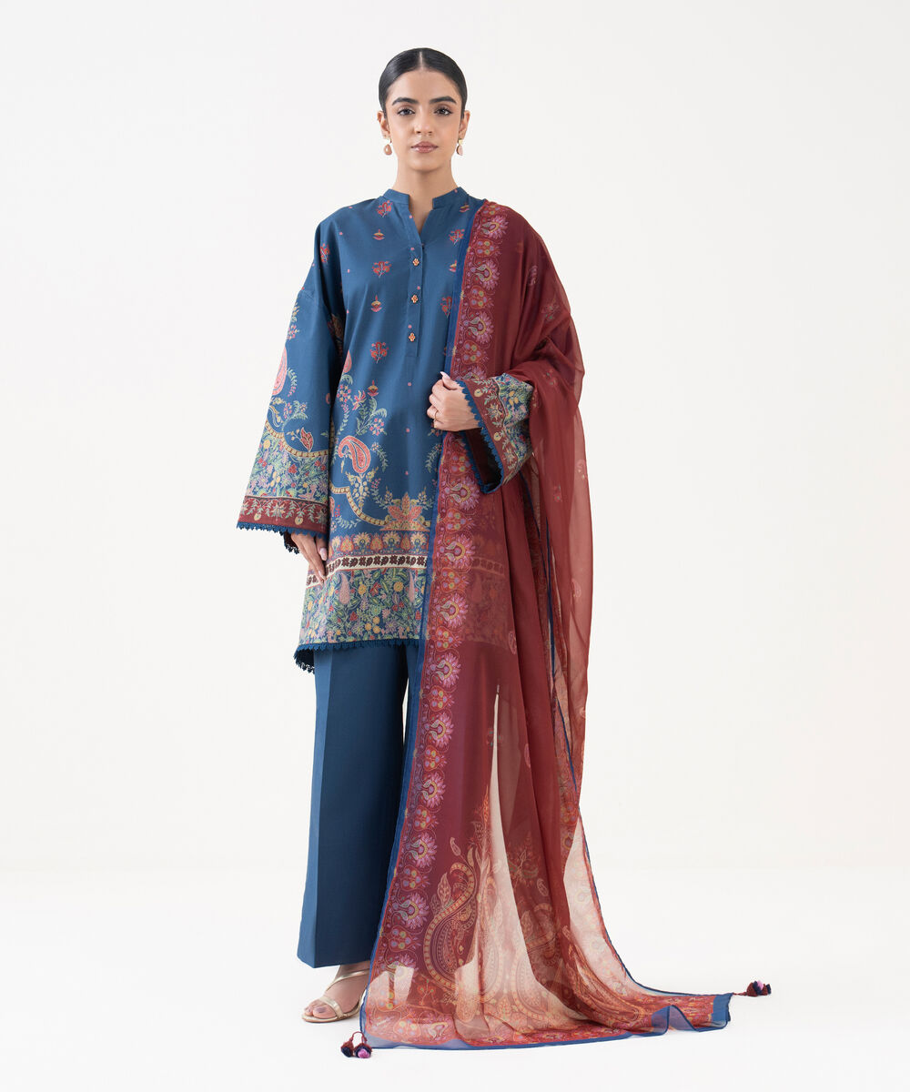 Women's Unstitched Cotton Printed Blue 3 Piece Suit