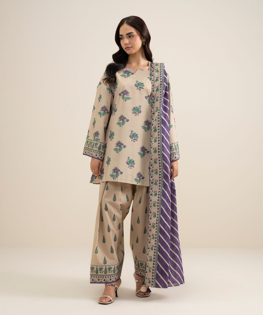 Women's Unstitched Lawn Printed Beige 3 Piece Suit