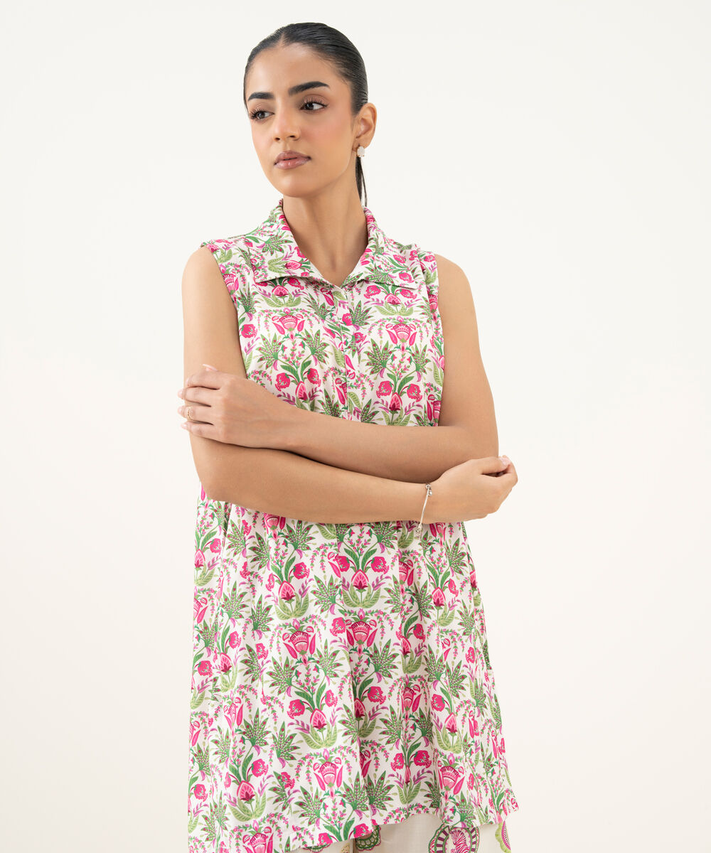 Women's RTW Linen Viscose Printed Off White Straight Shirt