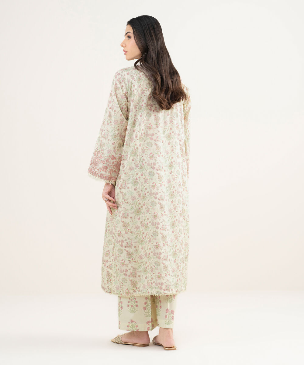 Women's RTW Slub Lawn Embroidered Off White A-Line Shirt