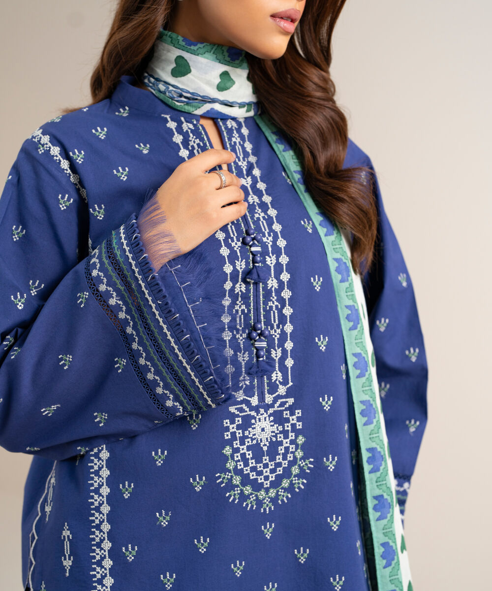 Women's Unstitched Lawn Embroidered Blue  3 Piece Suit
