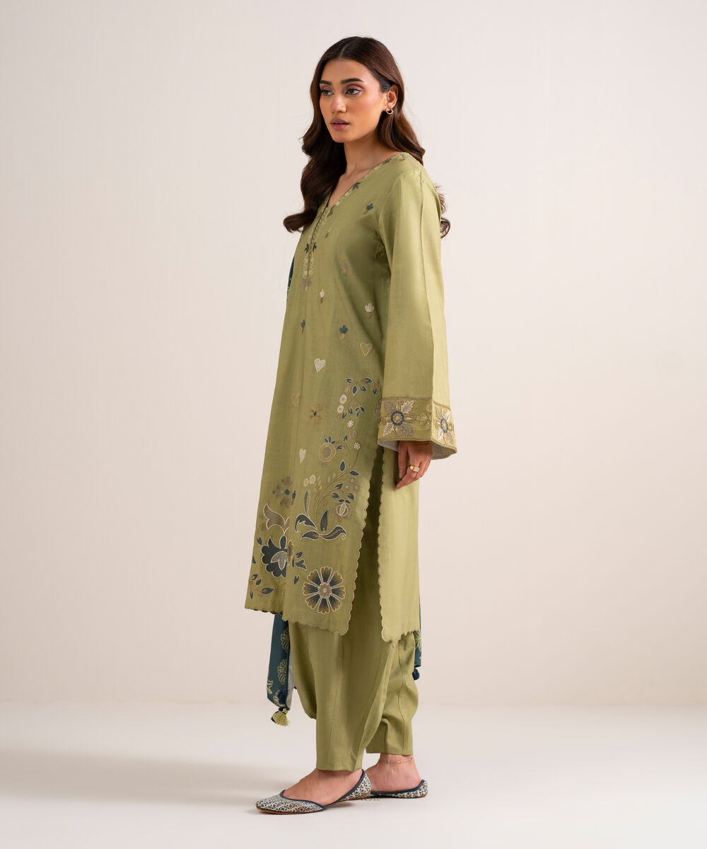 Women's Unstitched Embroidered Linen Green 3 Piece Suit
