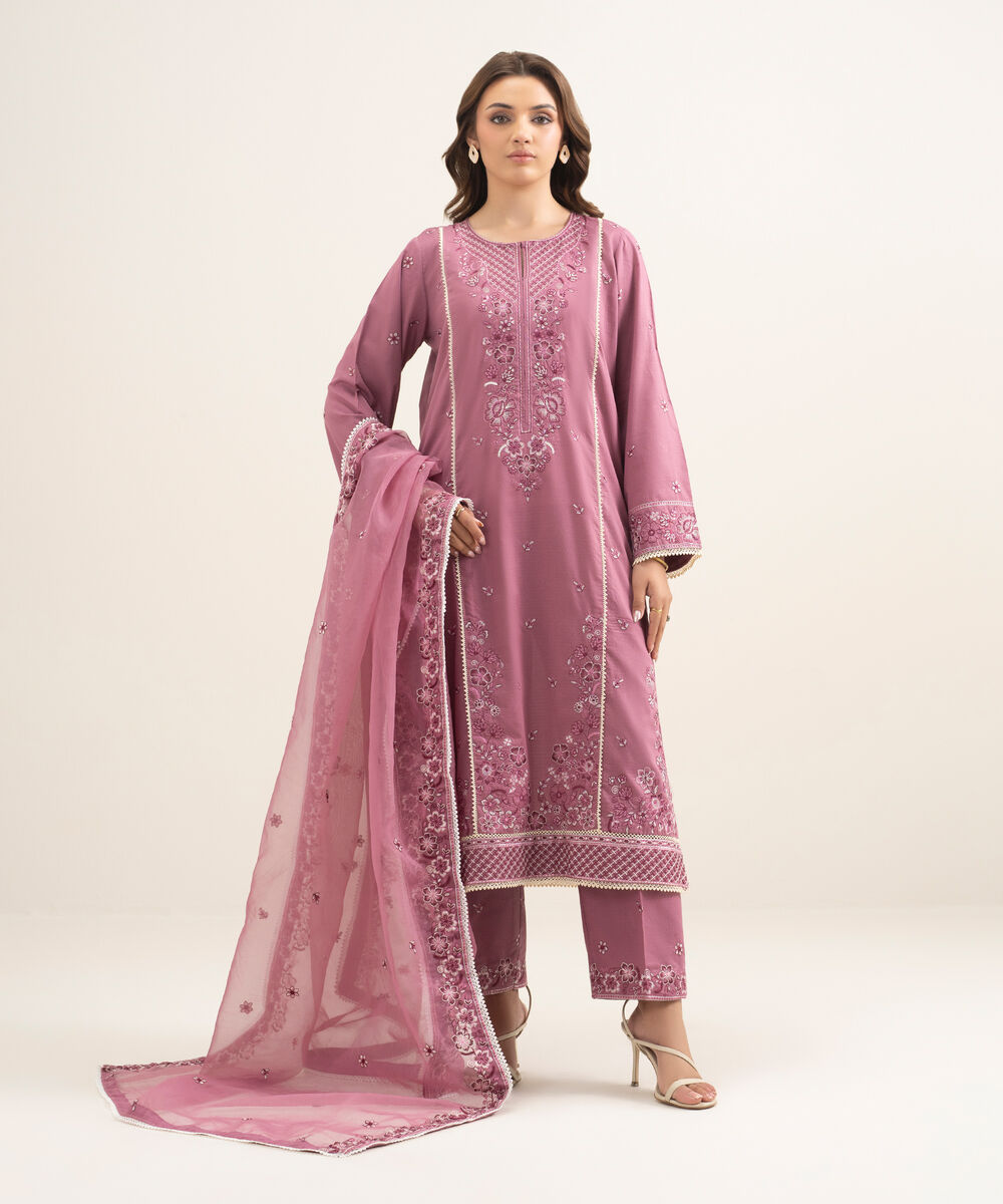 Women's RTW Dobby Embroidered Pink A-Line Shirt