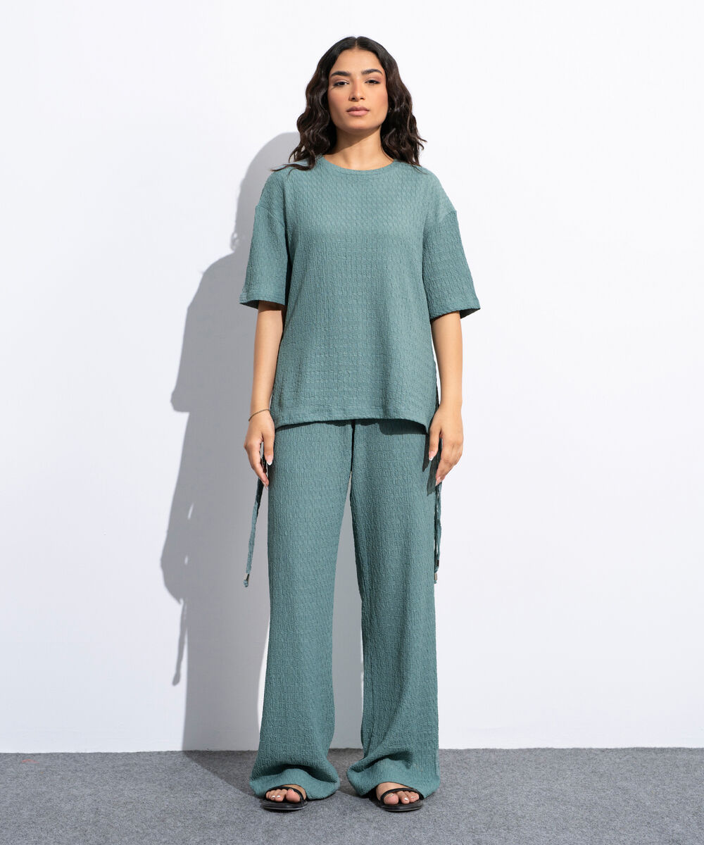 Women's Teal Green Loose Fit Textured T-Shirt