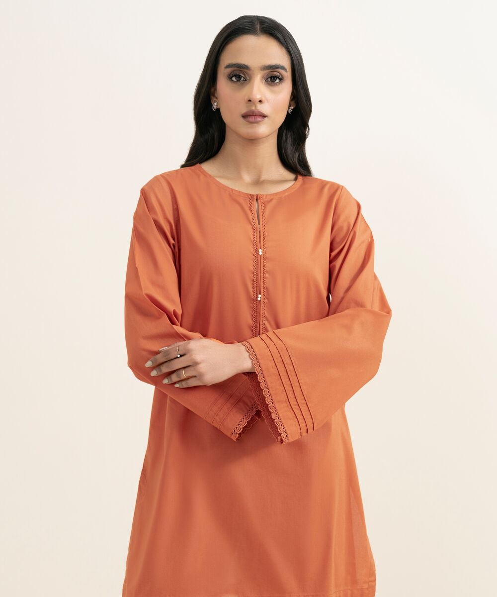 Women's RTW Cambric Solid Orange Straight Shirt