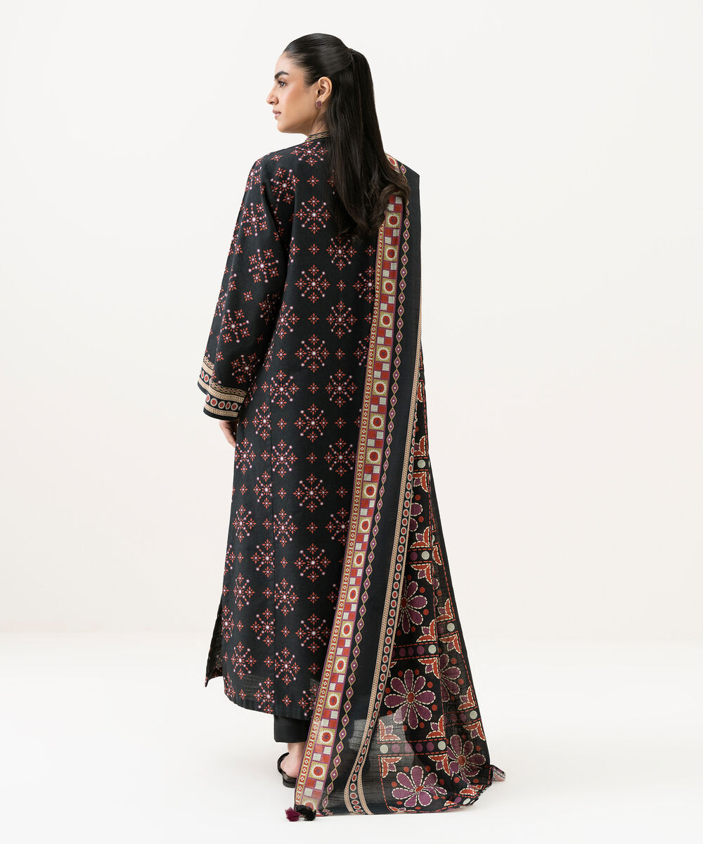 Women's Unstitched Cotton Printed Black 3 Piece Suit