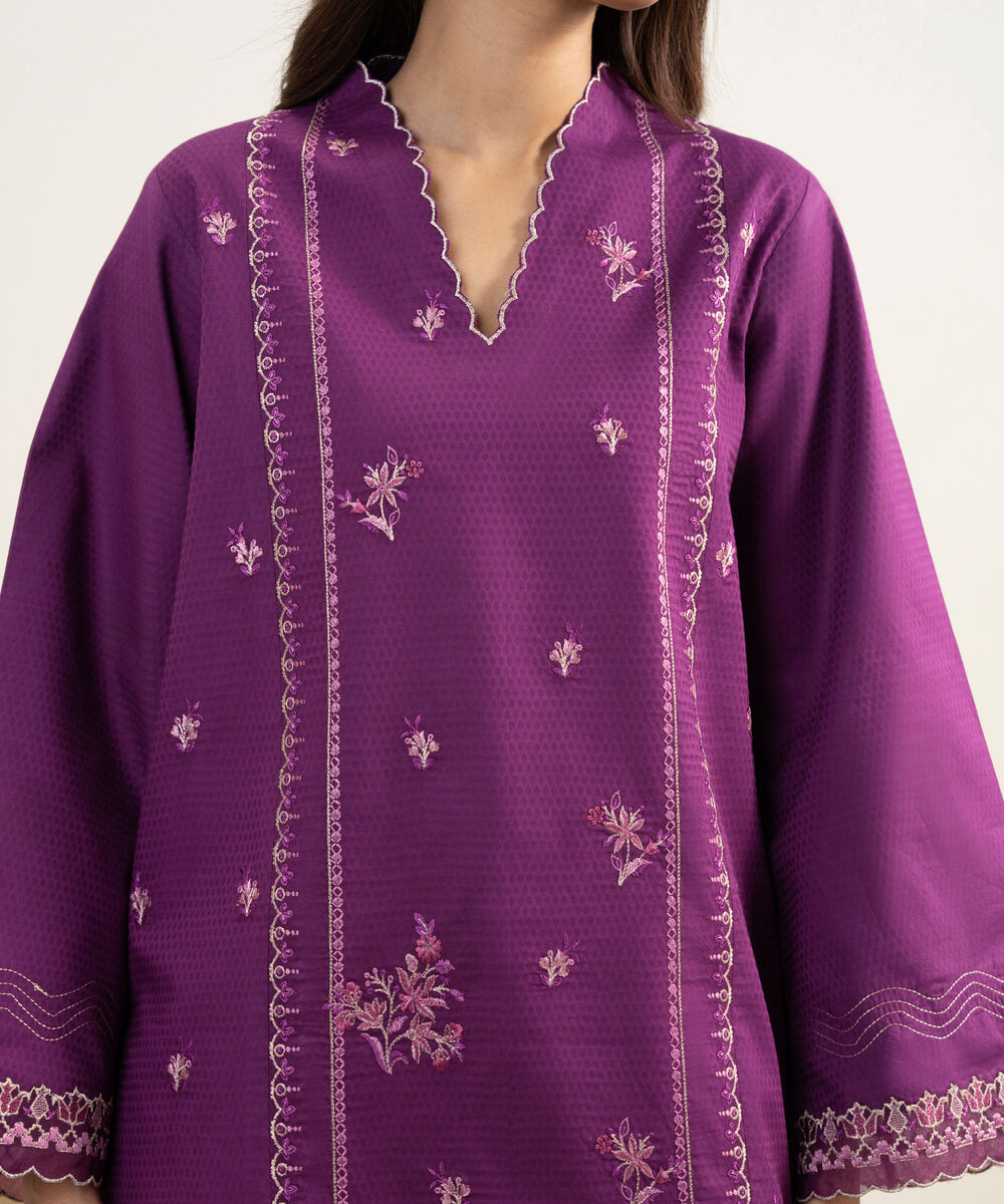 Women's Unstitched Dobby Embroidered Purple 3 Piece Suit