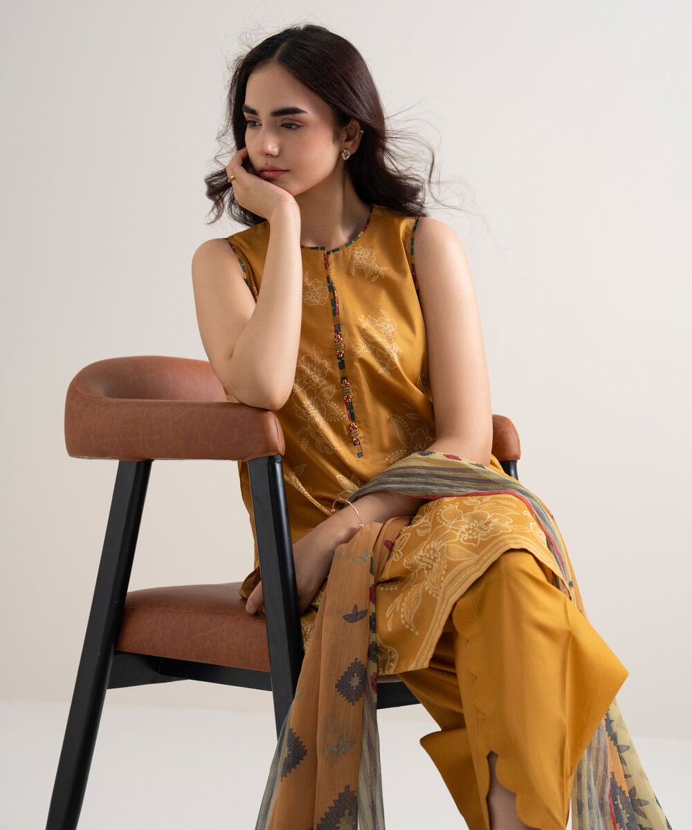 Women's Unstitched Lawn Printed Yellow 3 Piece Suit