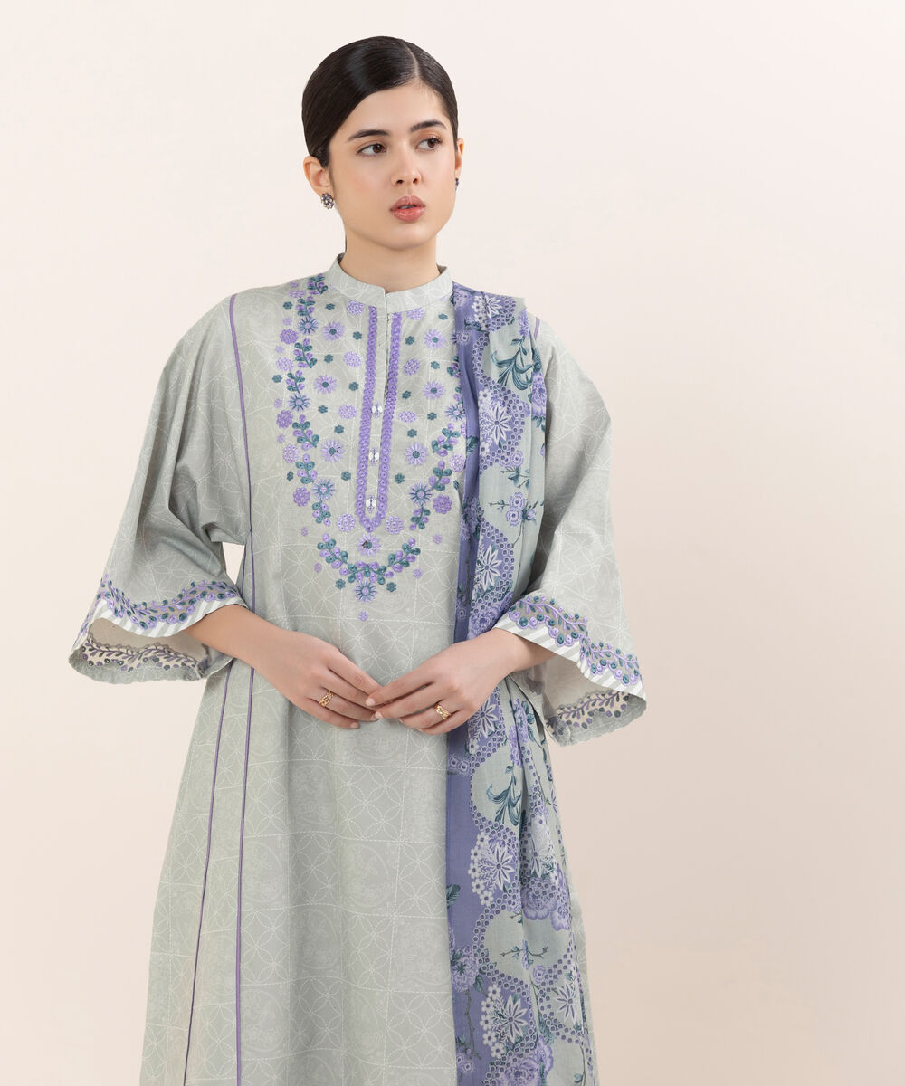 Women's Unstitched Cotton Embroidered Grey Three Piece Suit