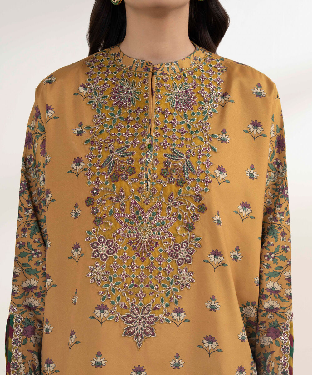 Women's Unstitched Blended Grip Silk Printed Yellow 3 Piece Suit