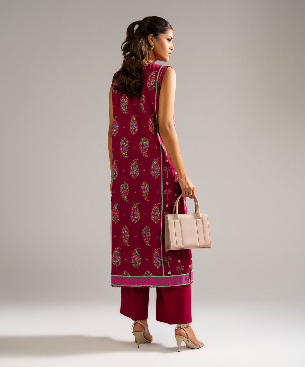 Women's RTW Slub Lawn Printed Pink Straight Shirt