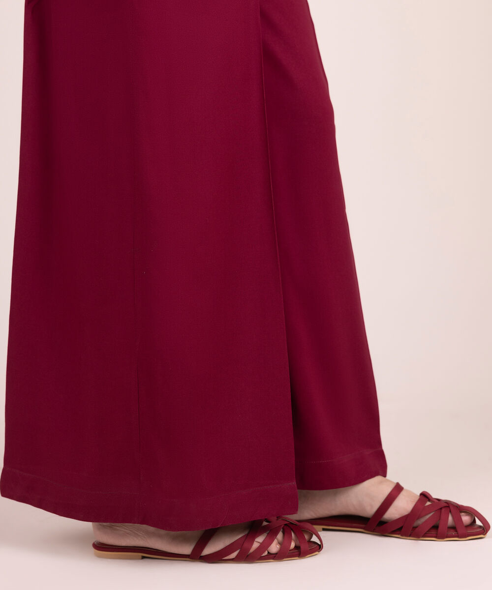 Women's RTW Linen Viscose Solid Maroon Flared Pants
