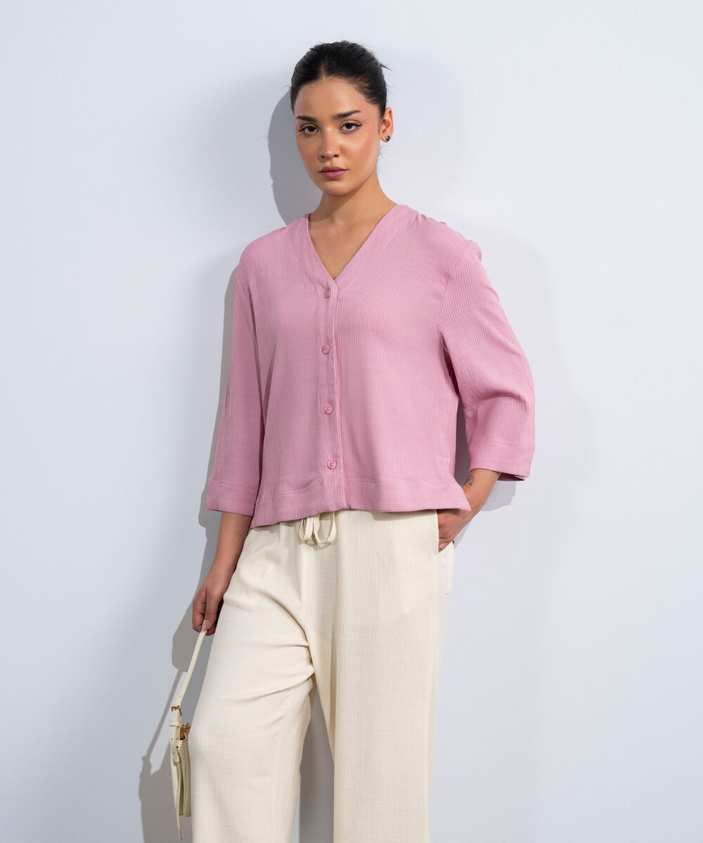 Women's Western Pink V-Neck Seersucker Shirt