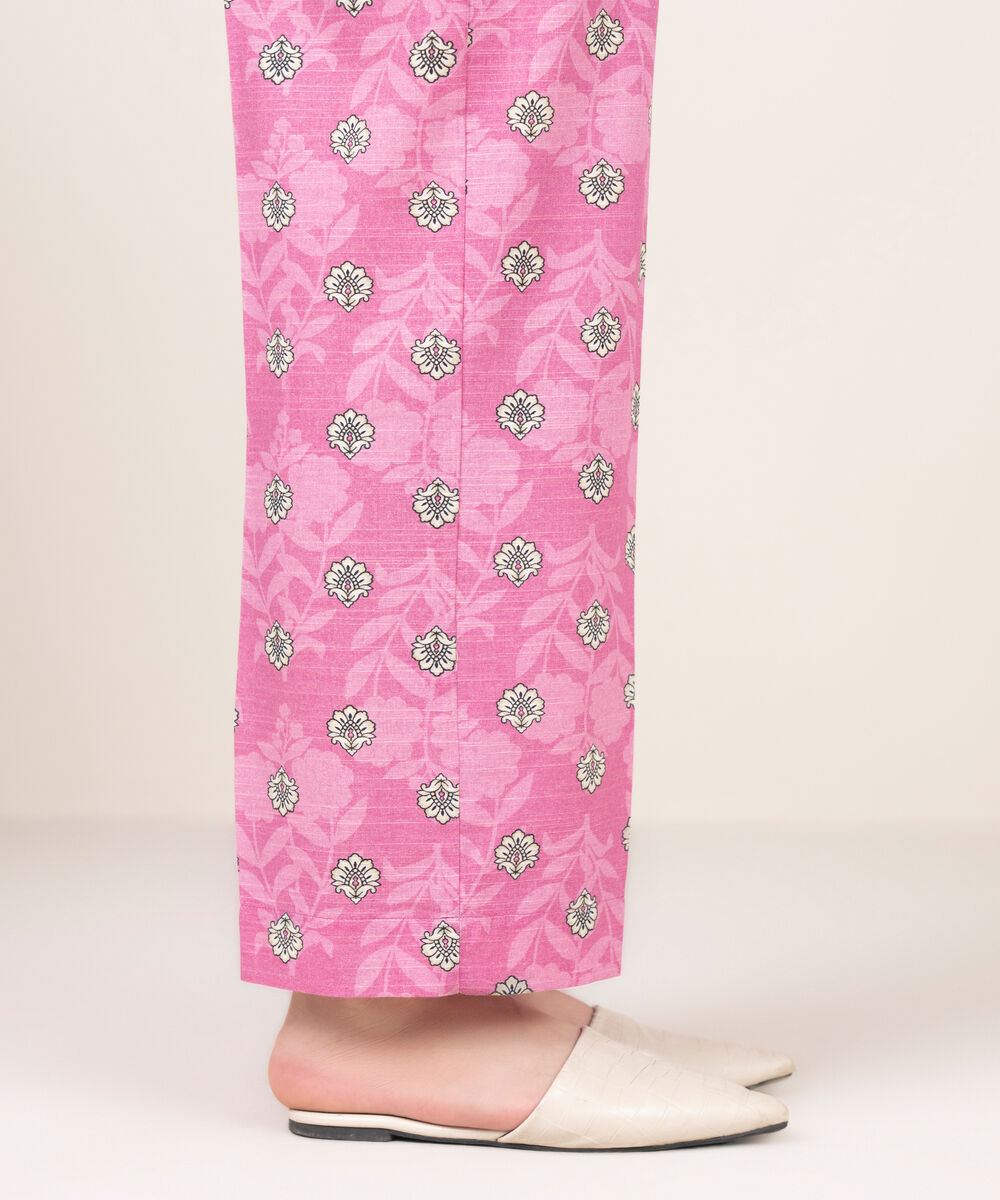 Women's RTW Light Khaddar Printed Fuchsia Straight Pants