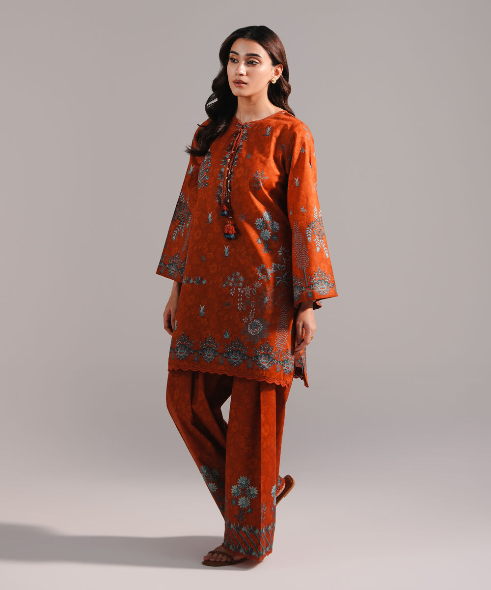 Women's RTW Lawn Printed Rust 2 Piece Suit