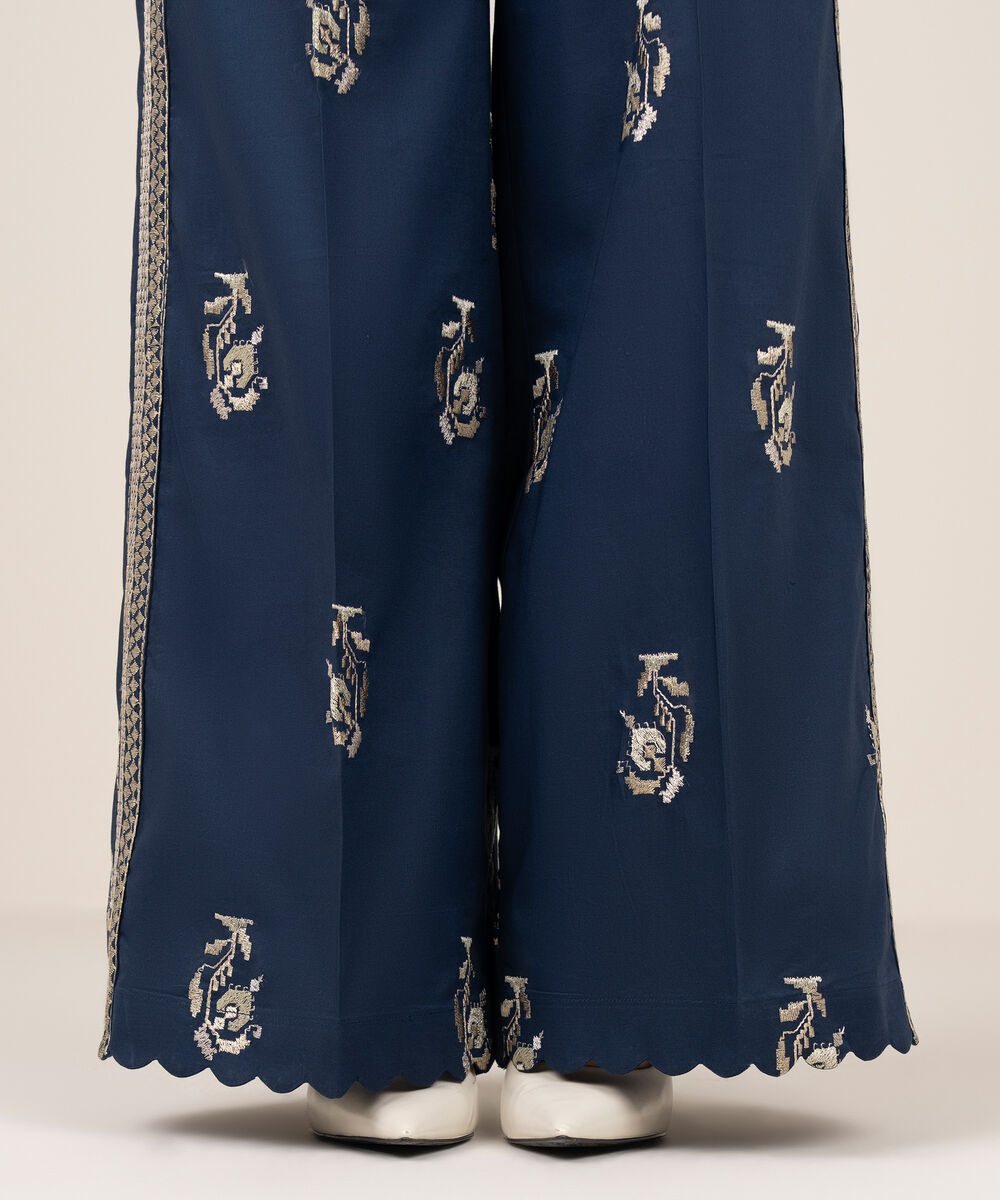 Women's RTW Cotton Embroidered Blue Flared Pants