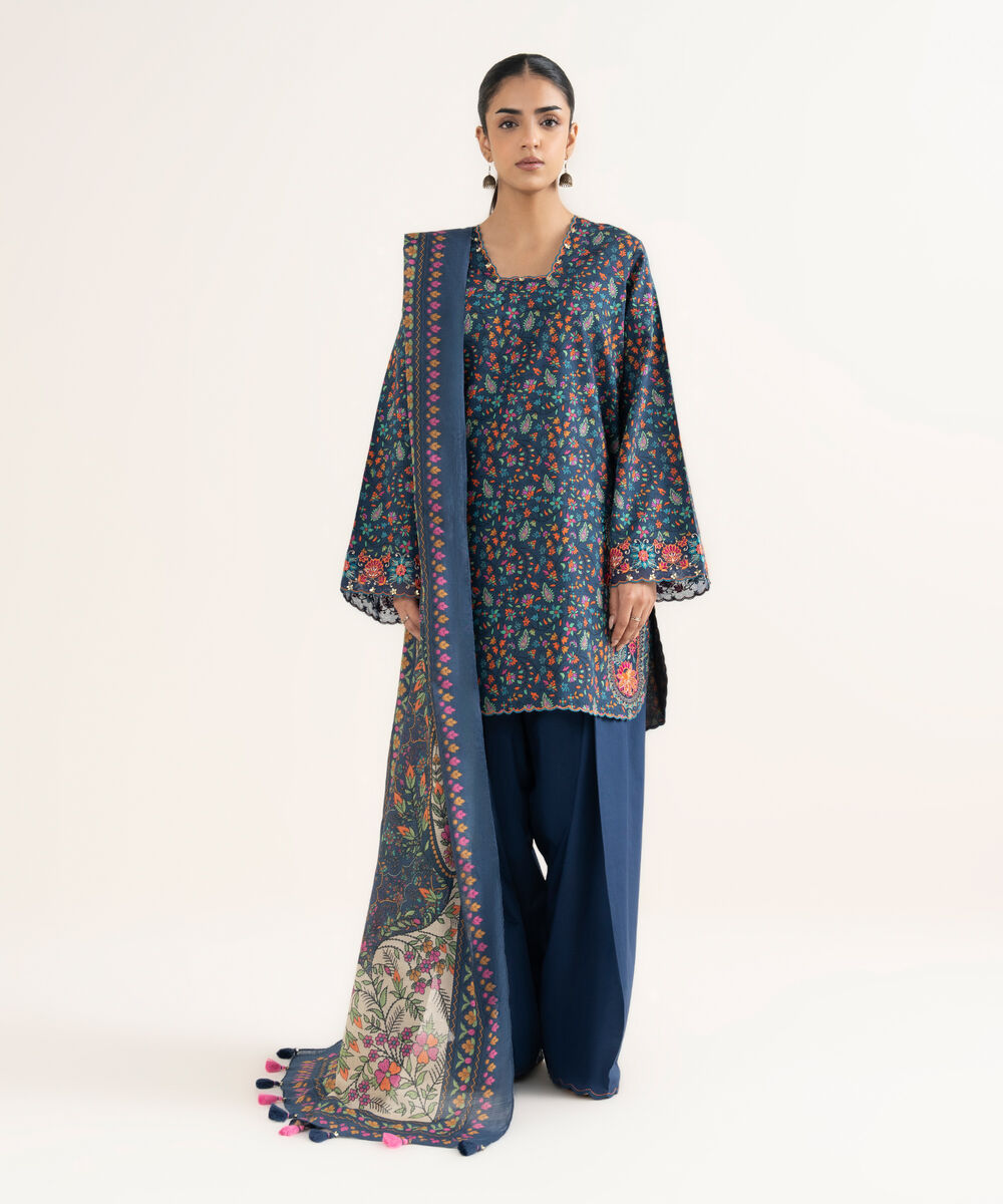 Women's Unstitched Lawn Printed Blue 3 Piece Suit