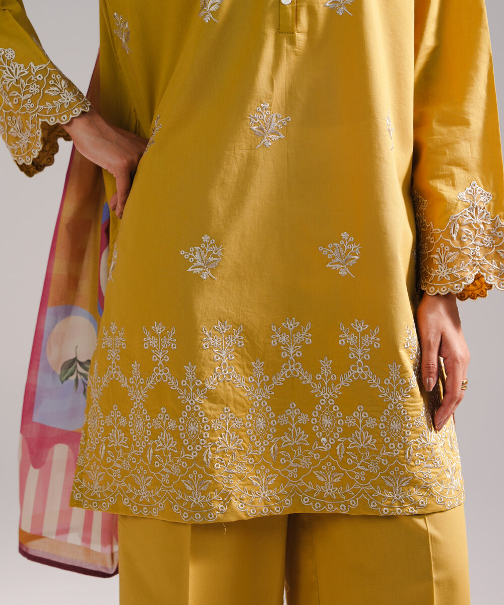 Women's RTW Lawn Embroidered Yellow 3 Piece Suit