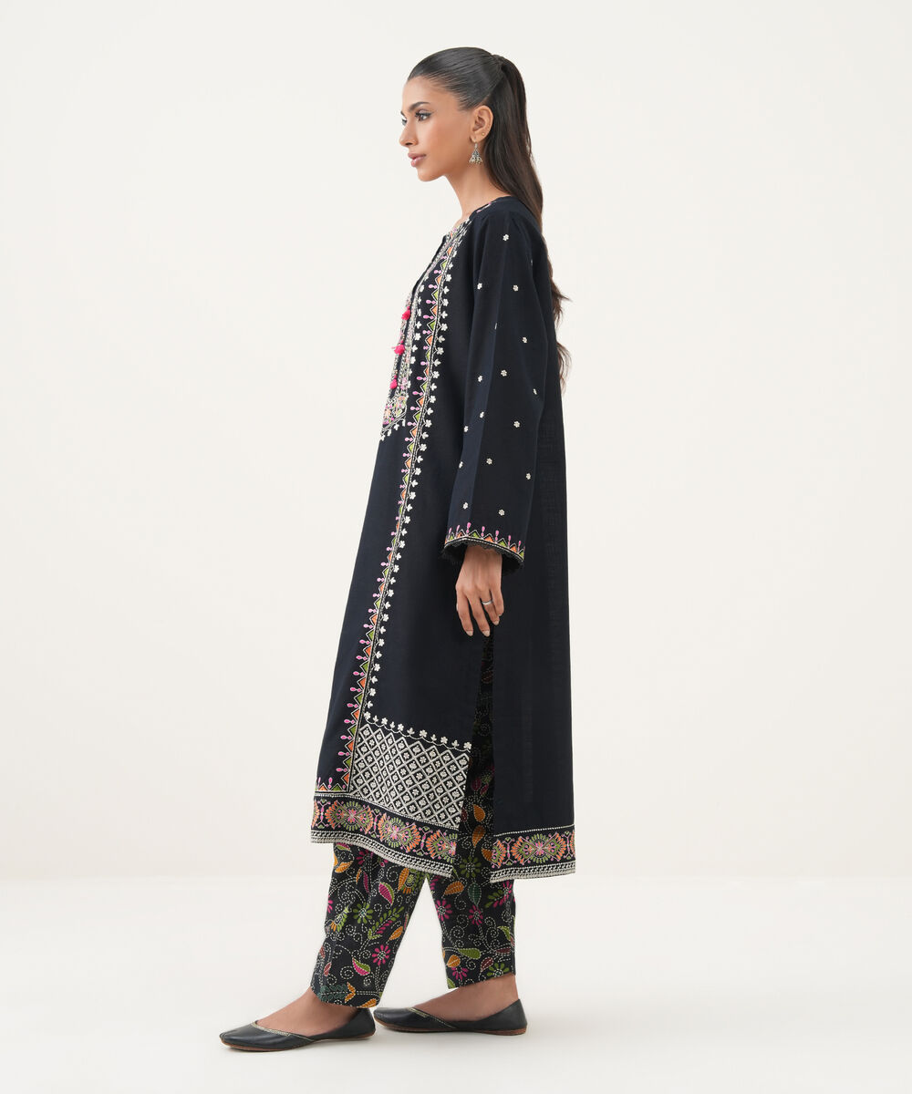 Women's RTW Light Khaddar Embroidered A-Line Black Shirt