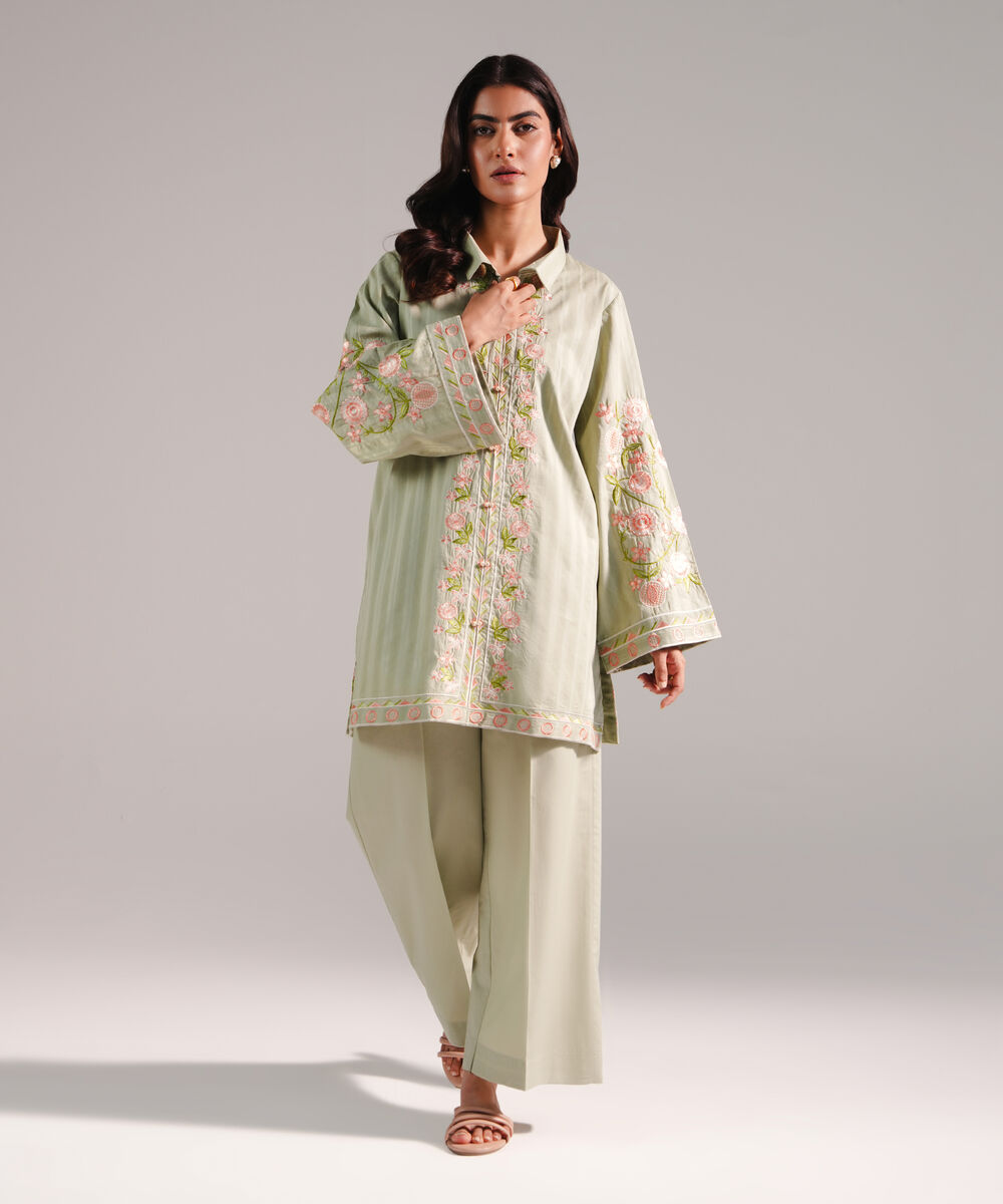 Women's RTW Dobby Embroidered Green 2 Piece Suit