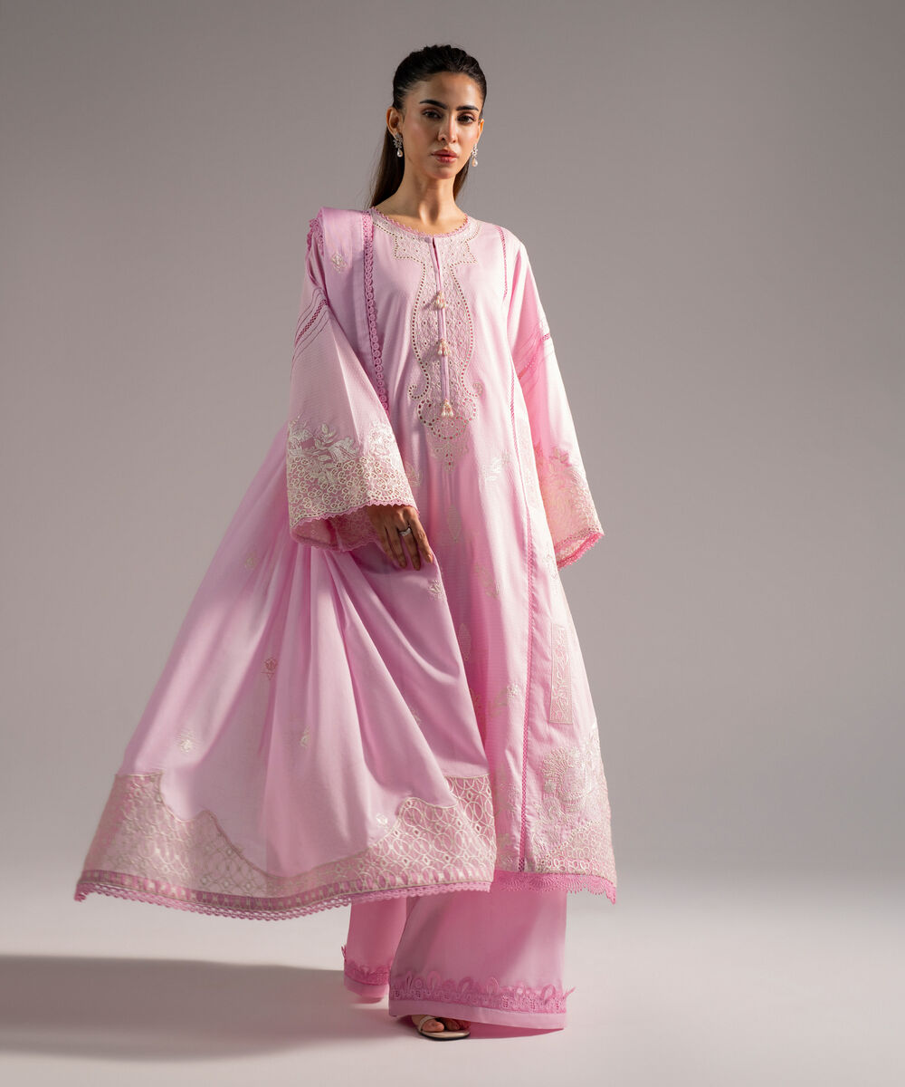 Women's RTW Dobby Embroidered Pink 3 Piece Suit