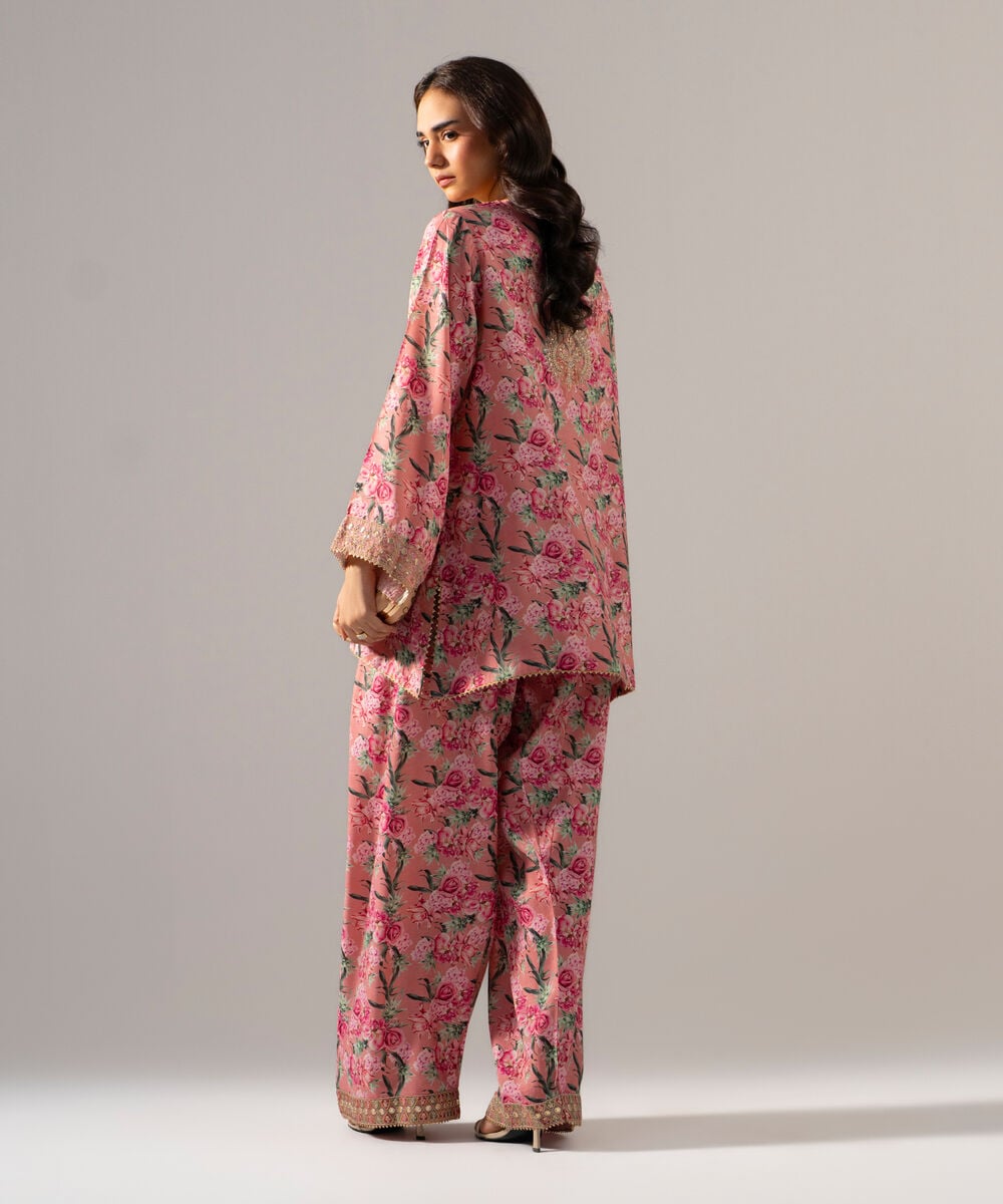 Women's RTW PK Raw Silk Printed Embroidered Pink 2 Piece Suit