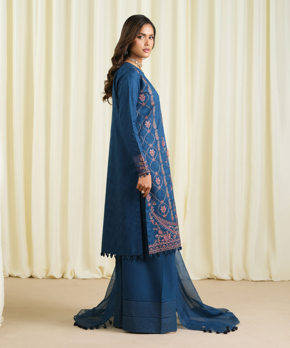 Women's Unstitched Cotton Jacquard Embroidered Blue 3 Piece Suit