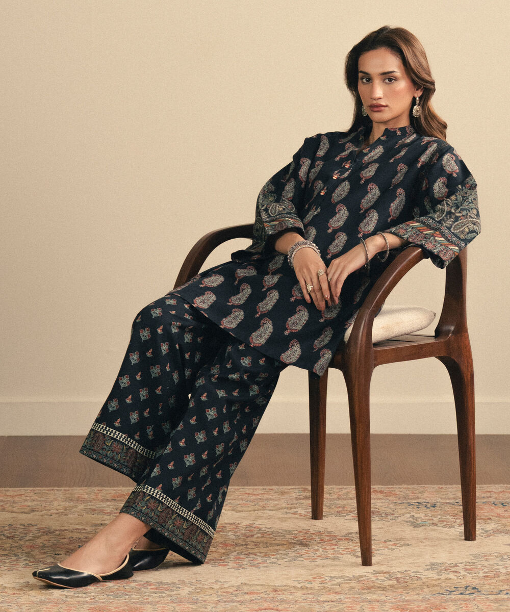 Women's Unstitched Light Khaddar Printed Black 2 Piece Suit