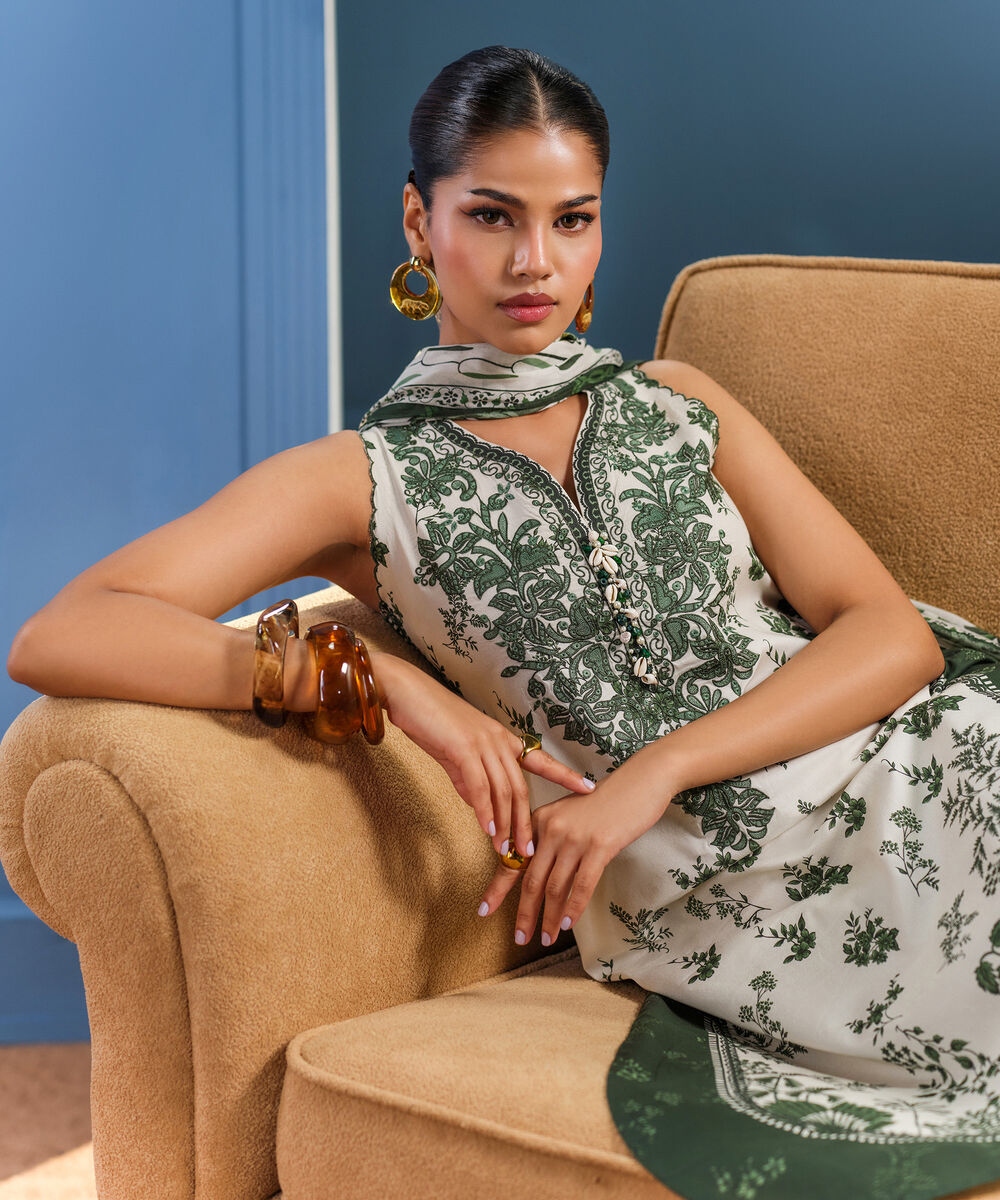 Women's Unstitched Lawn Embroidered Green and Off White  3 Piece Suit