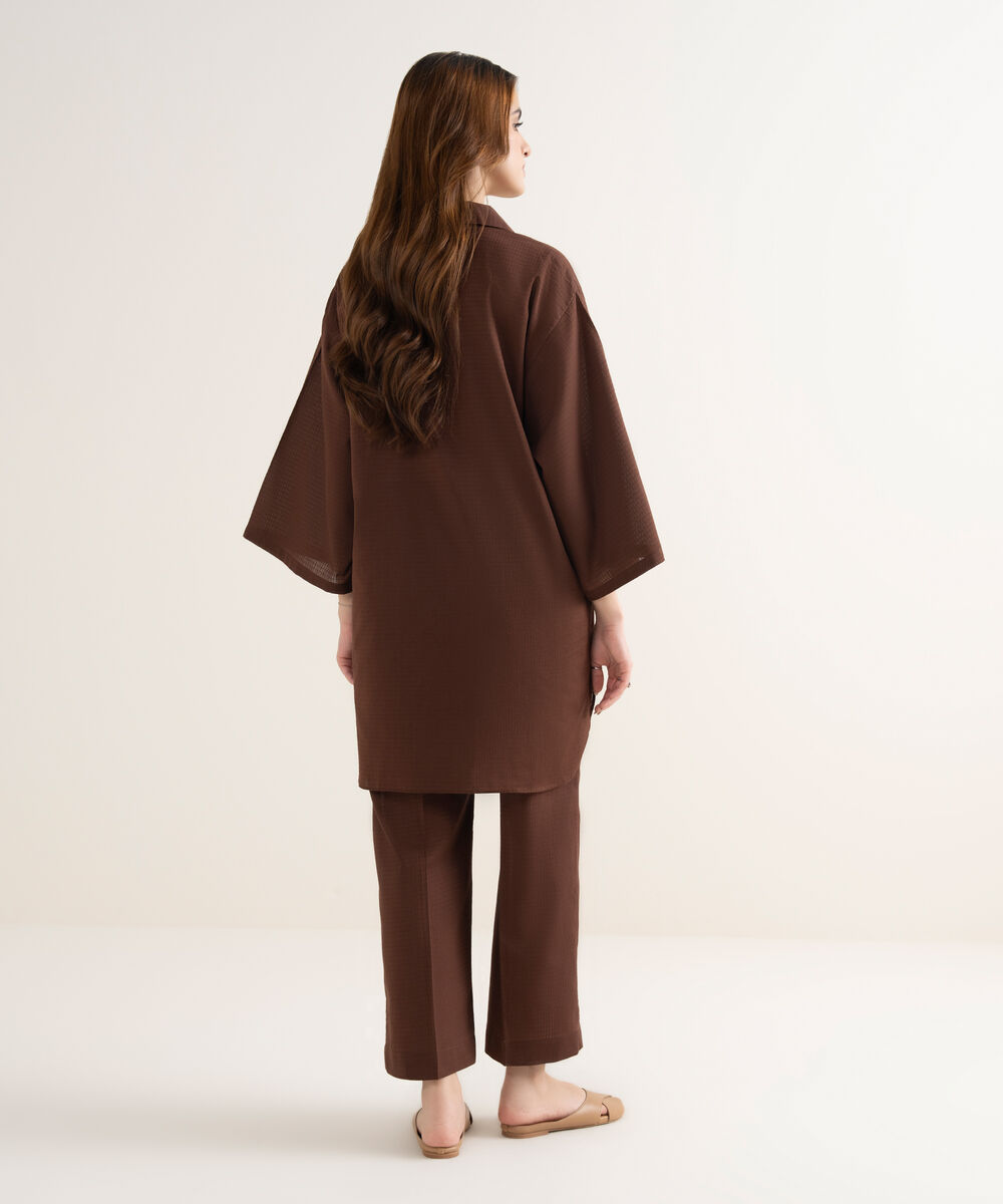 Women's RTW Handwoven Dobby Solid Boxy Brown Shirt