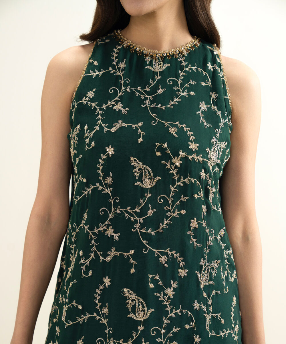 Women's Unstitched Blended Chiffon Embroidered Green 3 Piece Suit