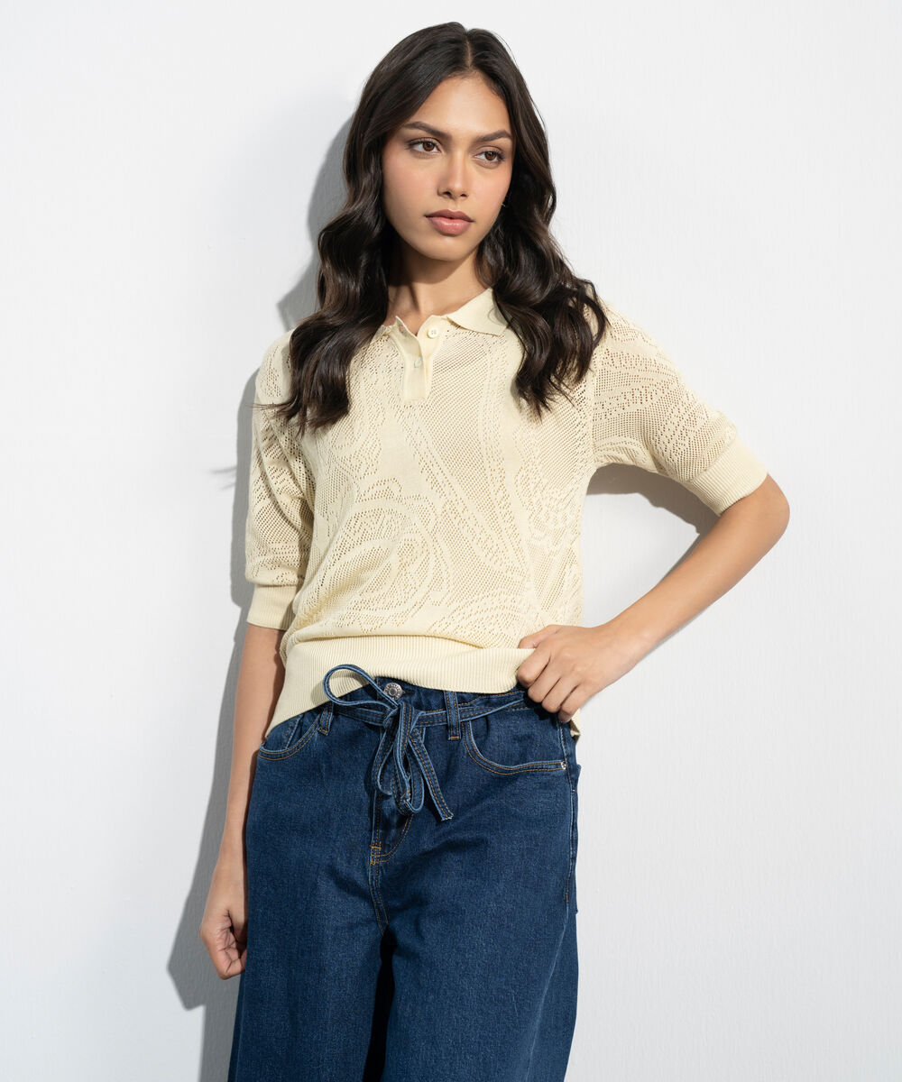 Women's Western Yellow Pointelle Summer Knit Polo Top