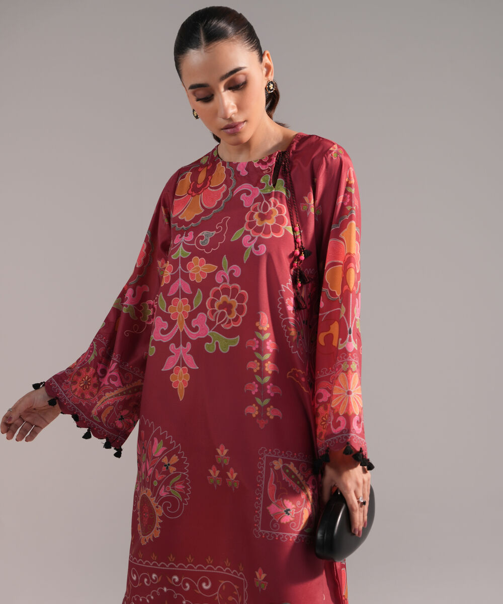 Women's RTW Blended Grip Silk Printed Red A-Line Shirt