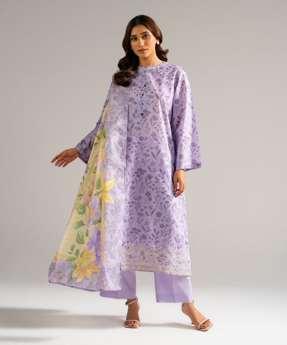 Women's RTW Zari Lawn Embroidered Purple 3 Piece Suit