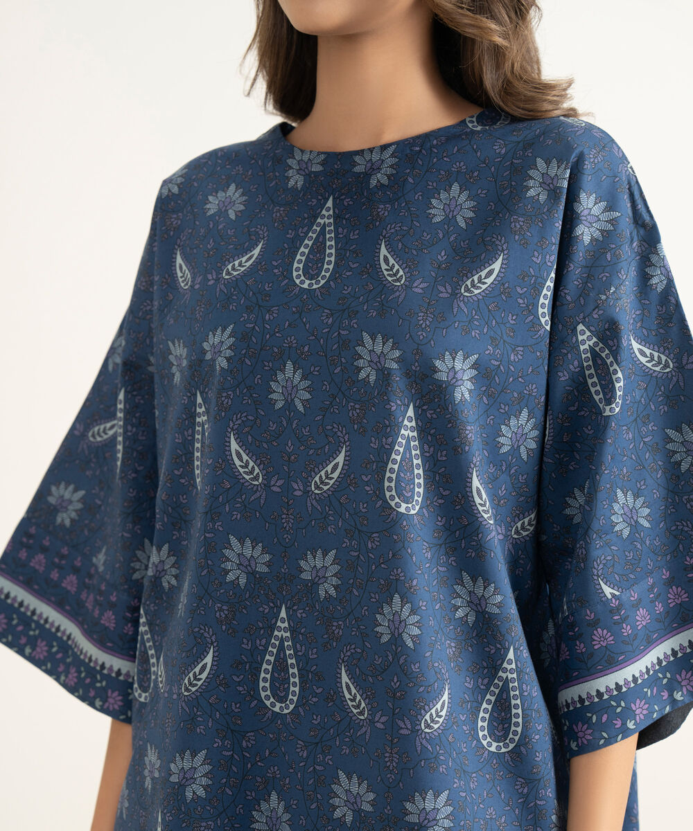 Women's Unstitched Lawn Printed Blue 3 Piece Suit