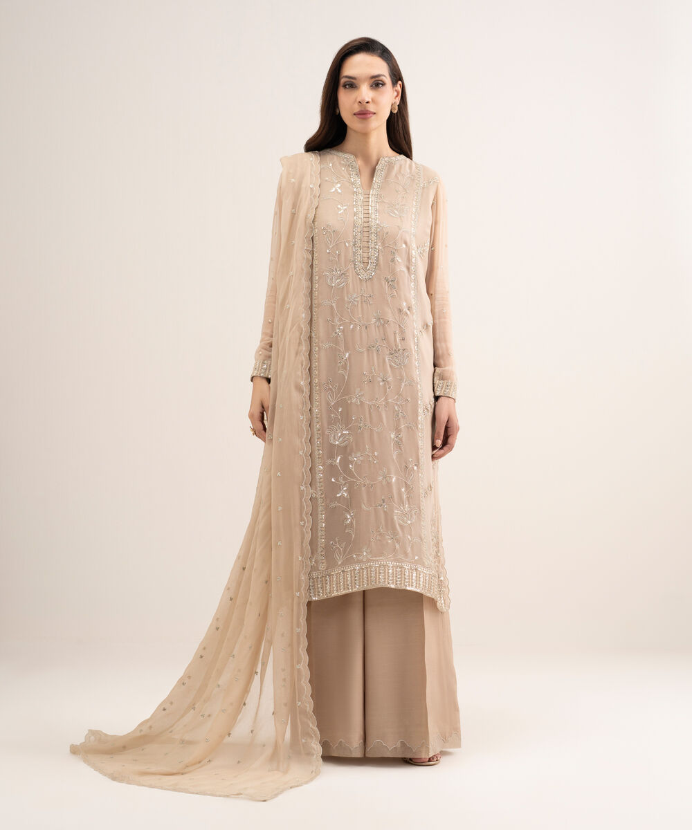 Women's Unstitched Blended Chiffon Embroidered Beige 3 Piece Suit