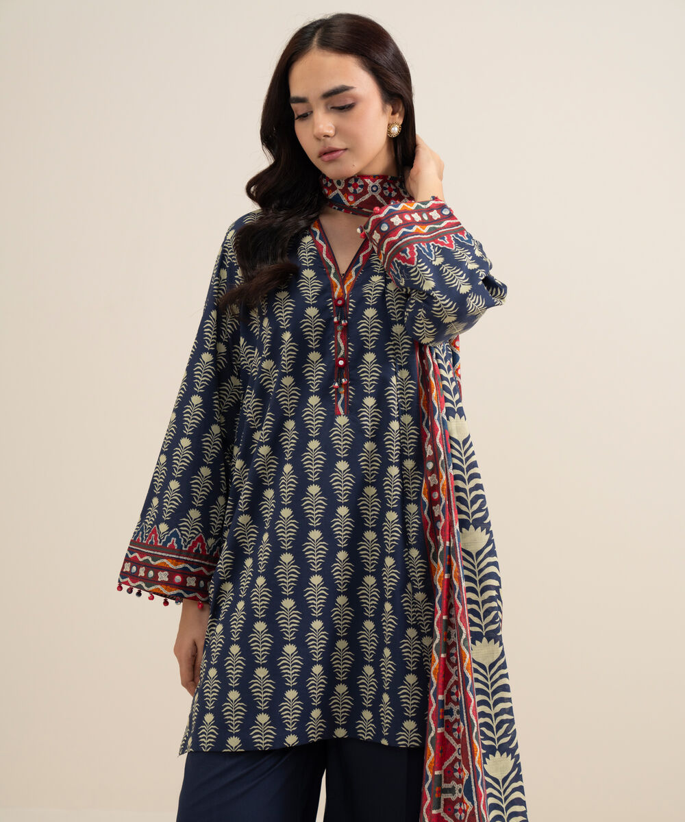 Women's Unstitched Lawn Printed Navy Blue 3 Piece Suit