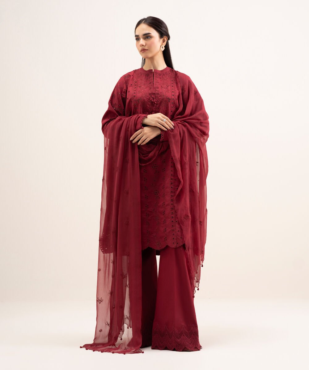 Women's Unstitched Textured Lawn Embroidered Red 3 Piece Suit