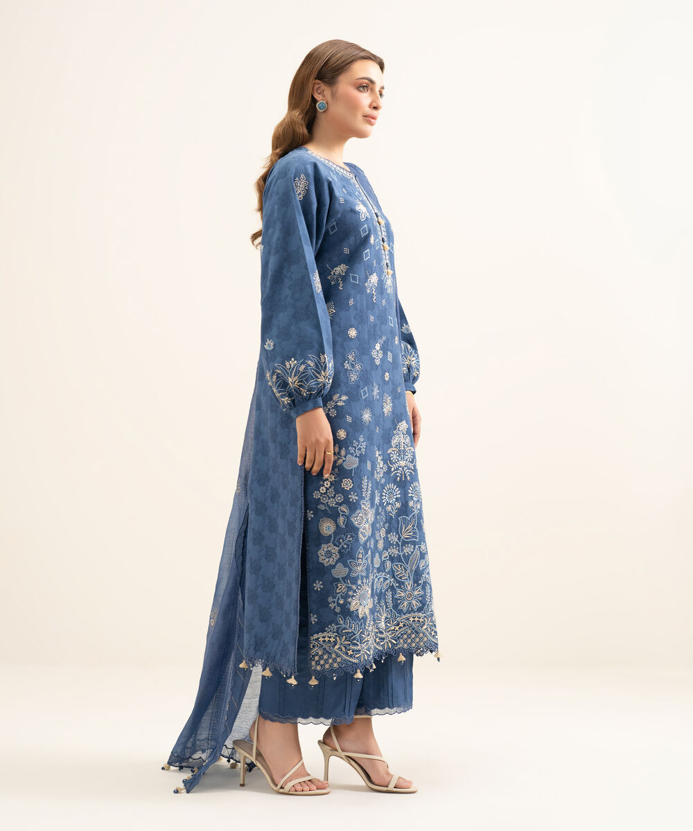 Women's Unstitched Cotton Jacquard Embroidered Blue 3 Piece Suit