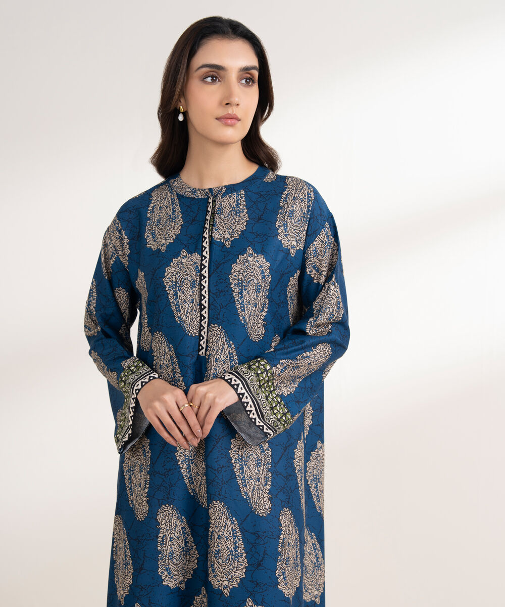 Women's RTW Viscose Linen Printed Straight Blue Shirt