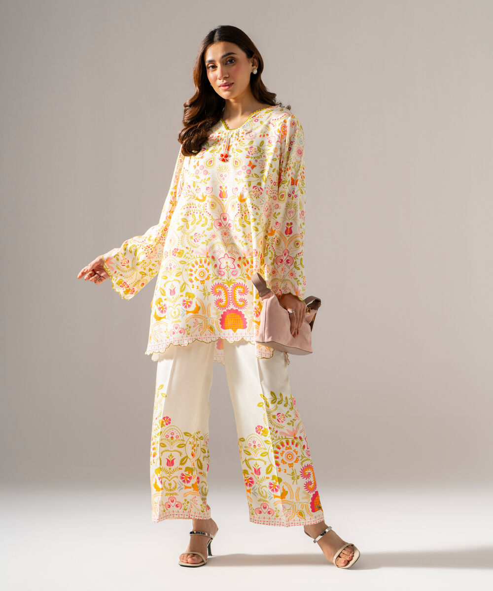 Women's RTW Arabic Lawn Printed Off White Straight Shirt