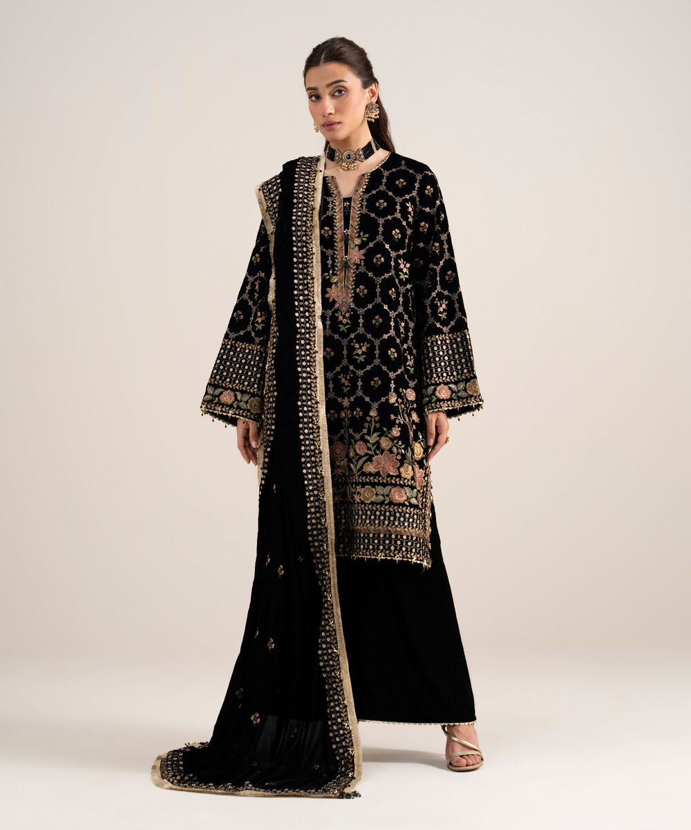 Women's Unstitched Embroidered Velvet Black 3 Piece Suit