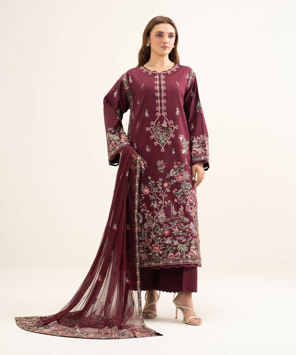 Women's Unstitched Fine Cotton Satin Embroidered Red 3 Piece Suit