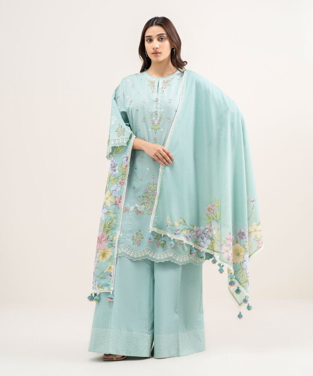 Women's Unstitched Textured Lawn Embroidered Blue 3 Piece Suit