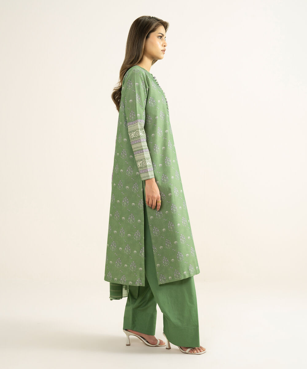 Women's Unstitched Zari Lawn Printed Green 3 Piece Suit